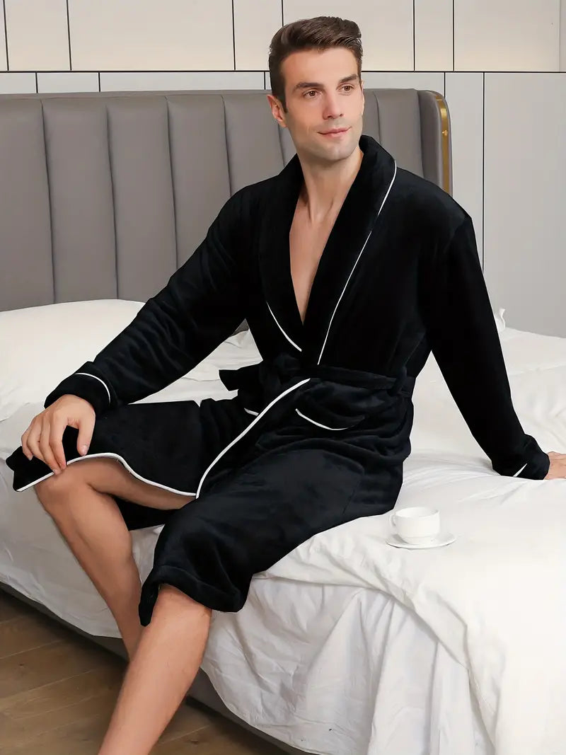 Men's black fleece towelling bathrobe