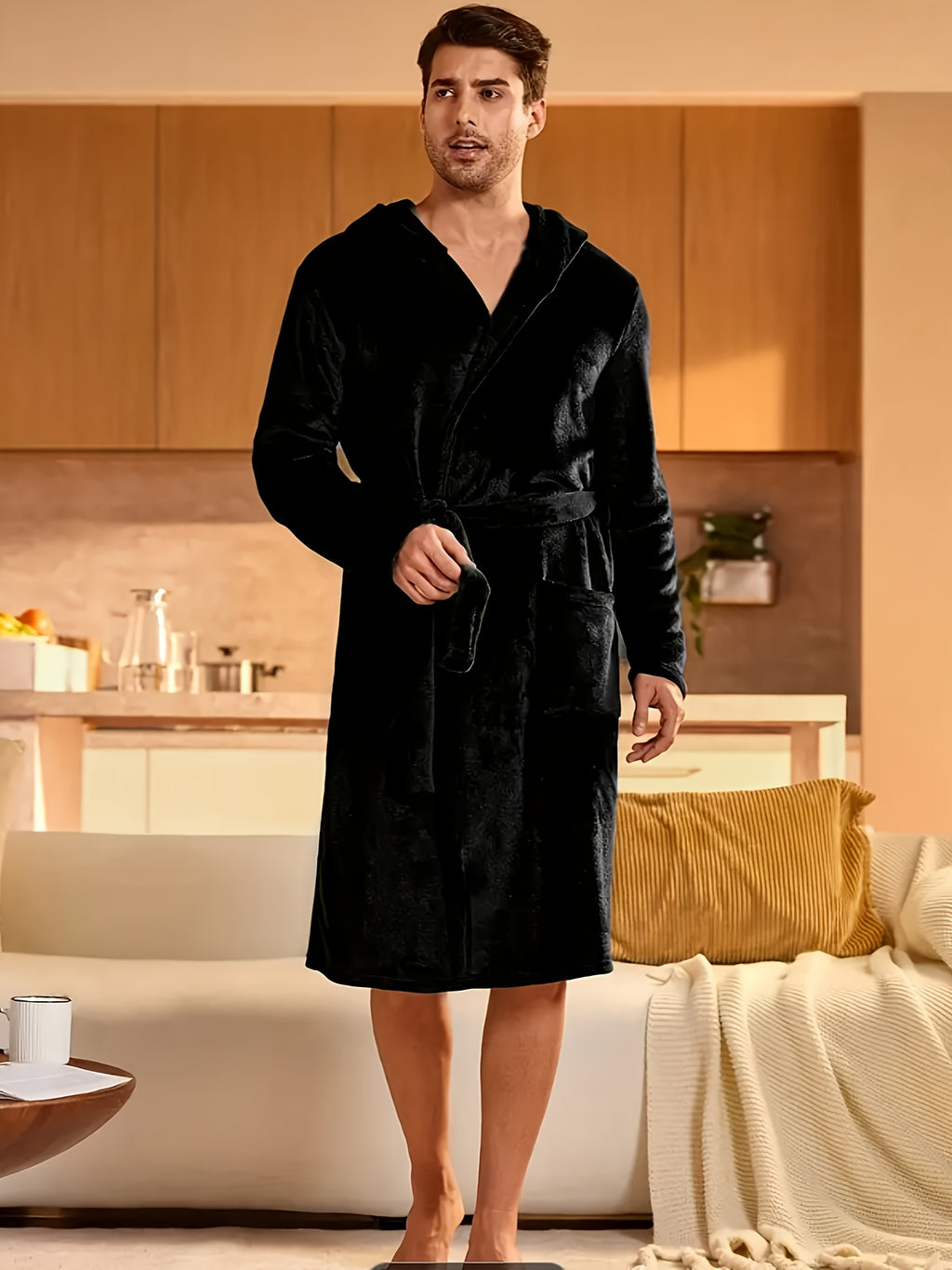 Women's hooded flannel bathrobe
