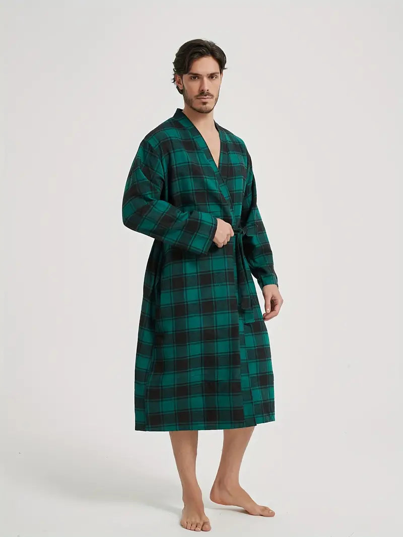 Men's long checked cotton dressing gown