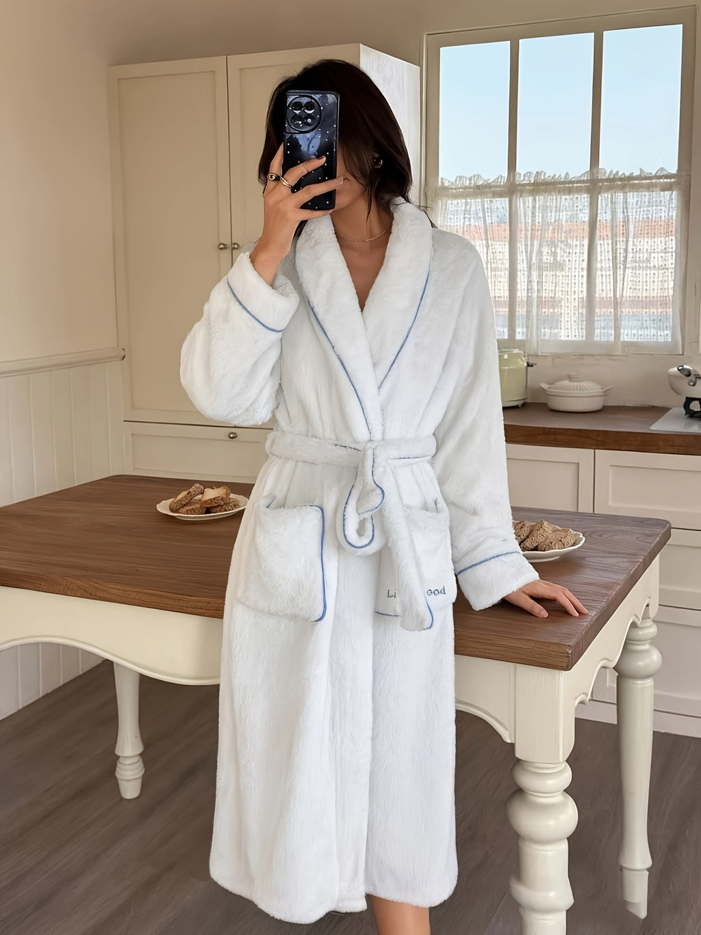 Women's white long fluffy fleece bathrobe