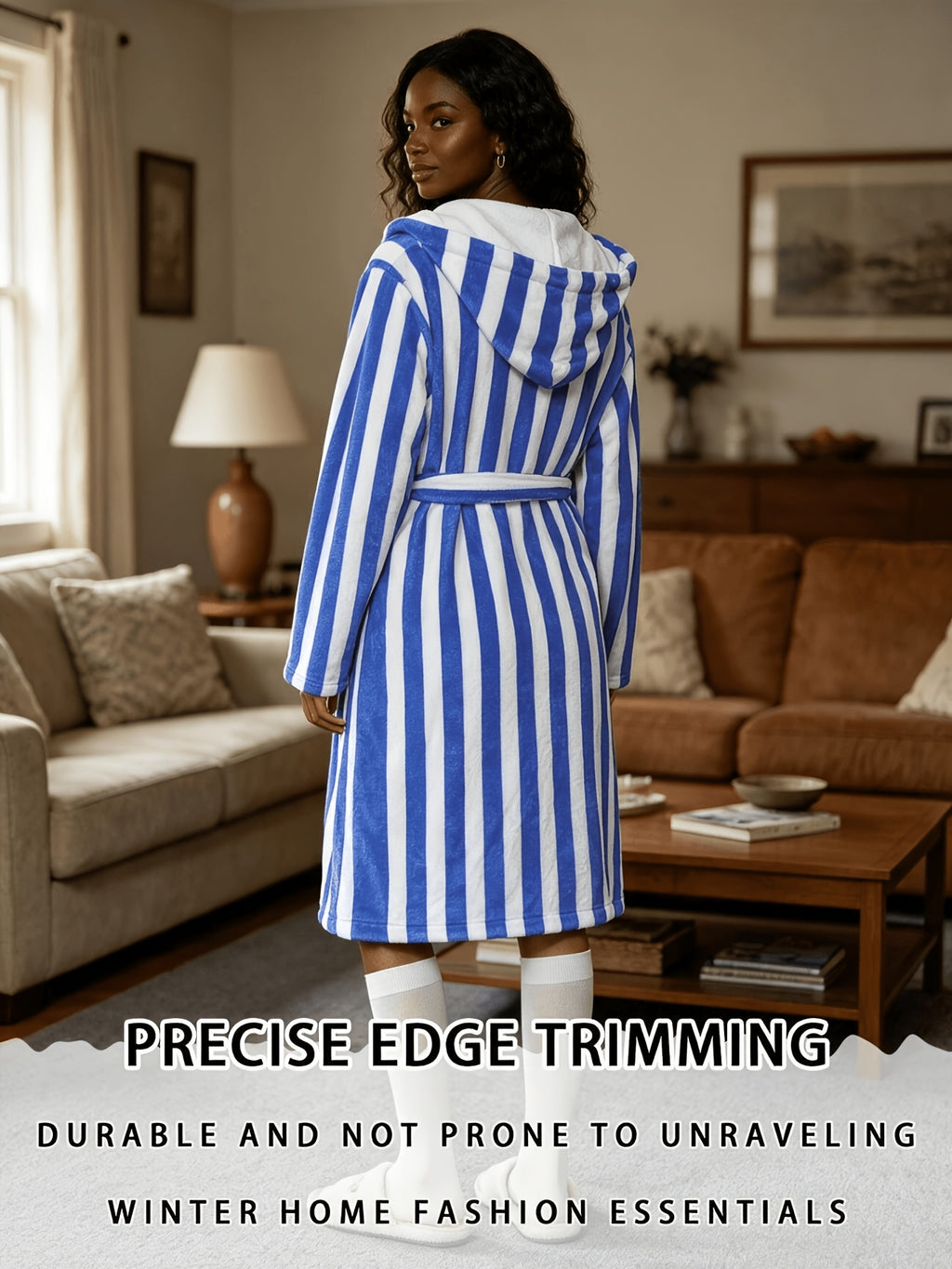 Women's blue striped hooded bathrobe