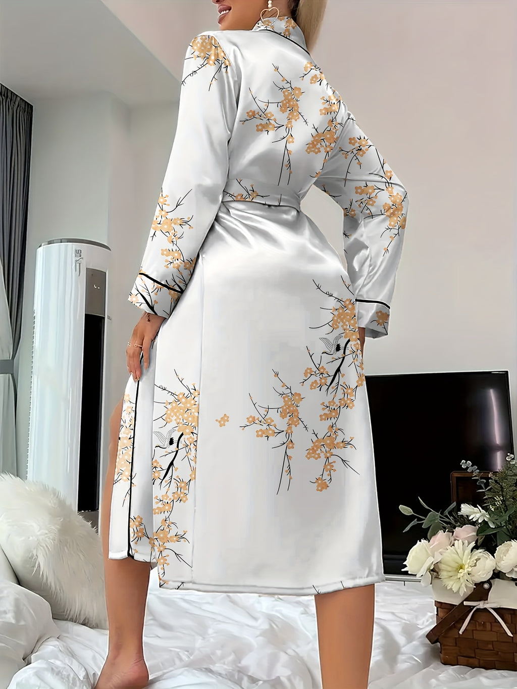 Women's white long floral satin dressing gown