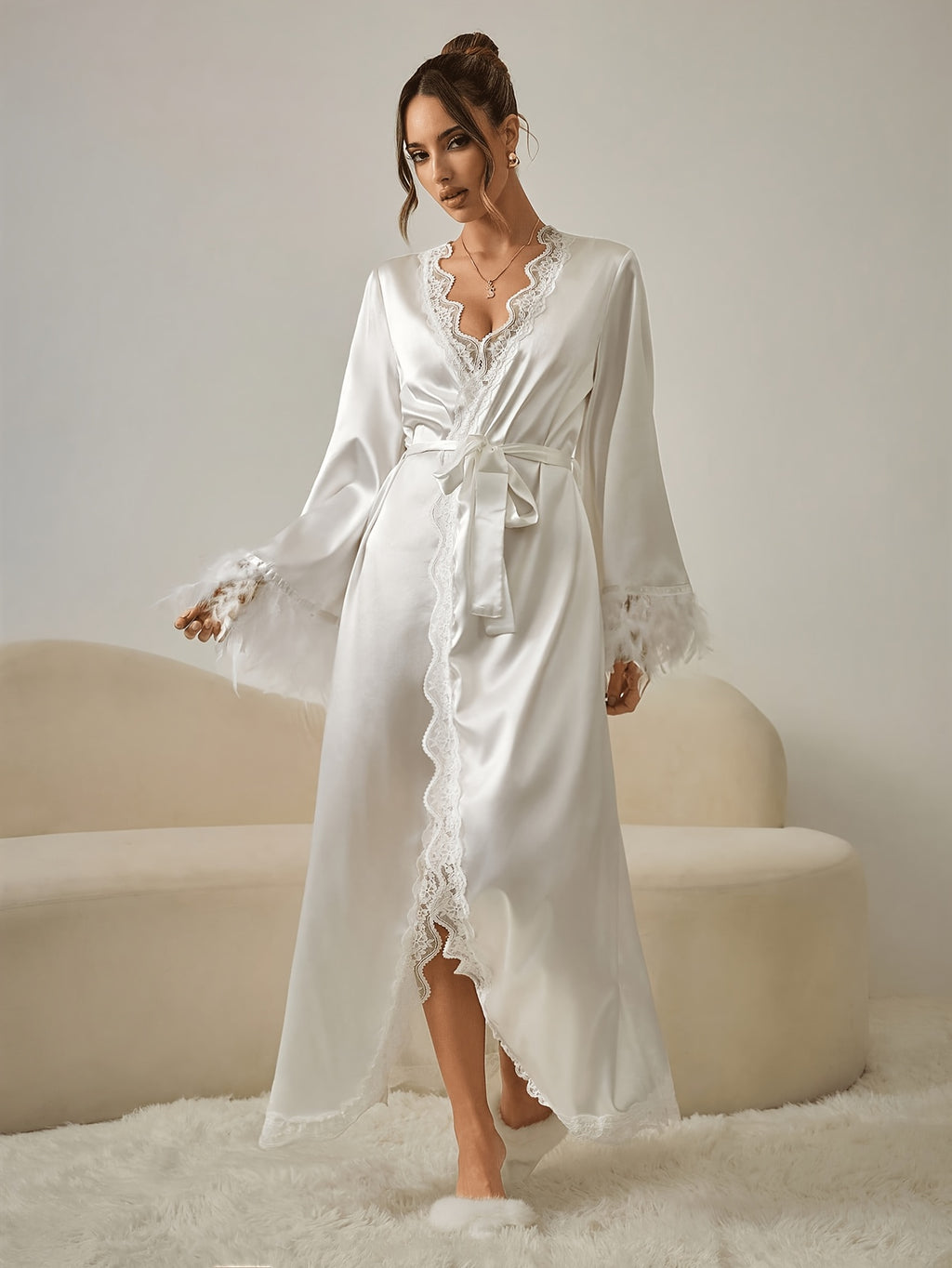 Women's white long satin bathrobe