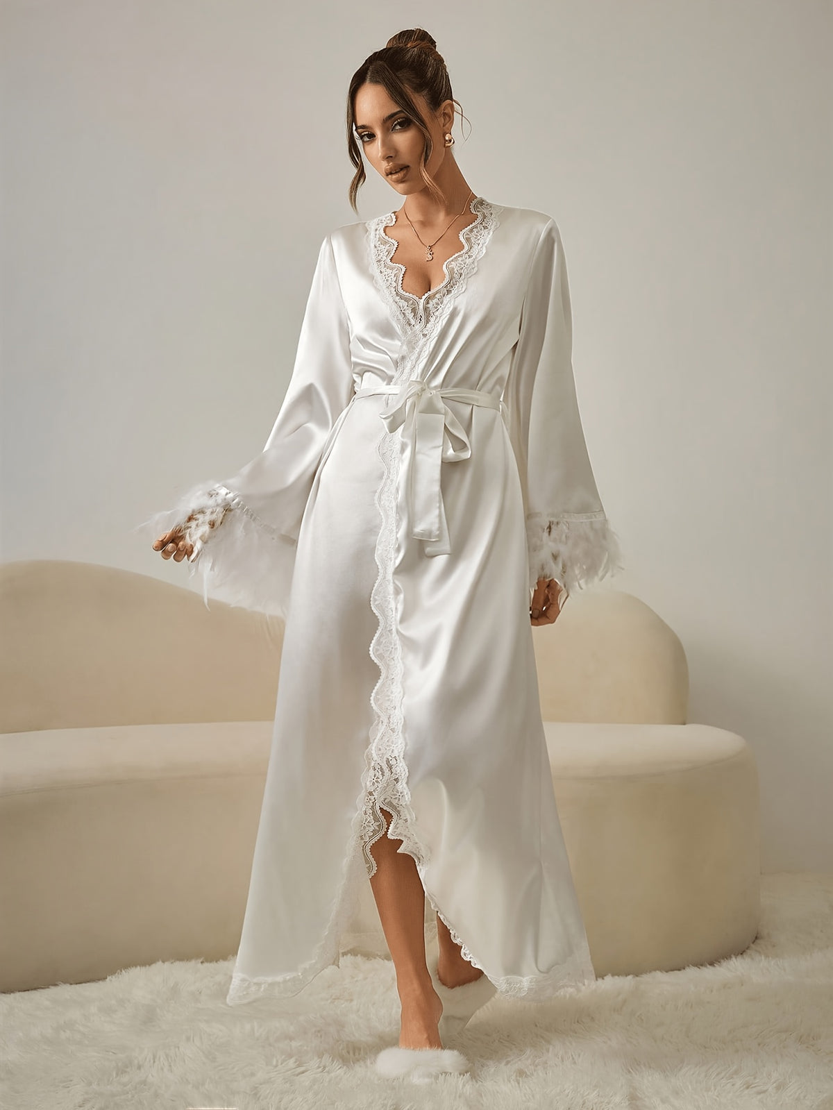Women's white long satin bathrobe