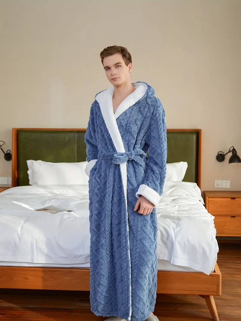 Thick hooded towelling bathrobe