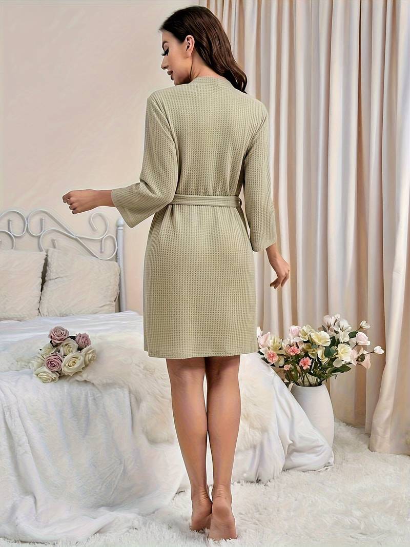 Women's short green waffle bathrobe