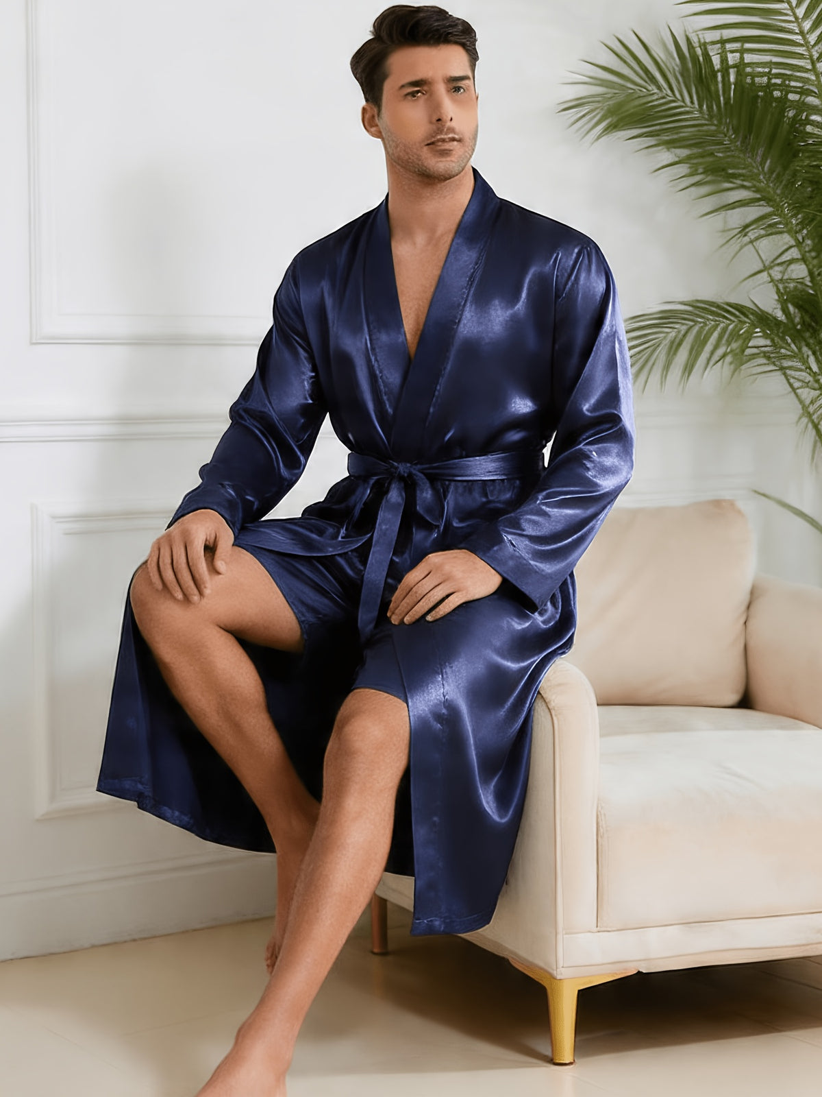 Men's navy satin dressing gown with belt