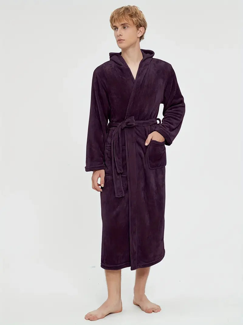 Men's hooded fleece bathrobe, charcoal