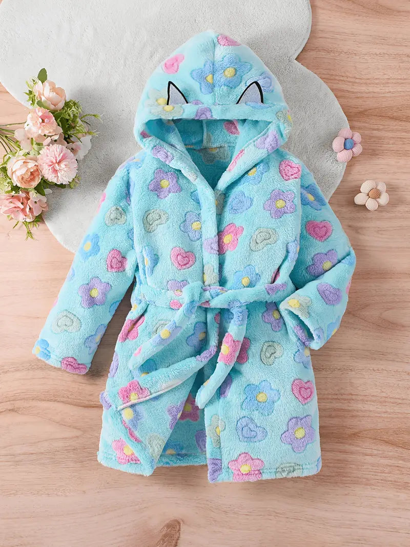 Girls' floral hooded towelling bathrobe — Blue