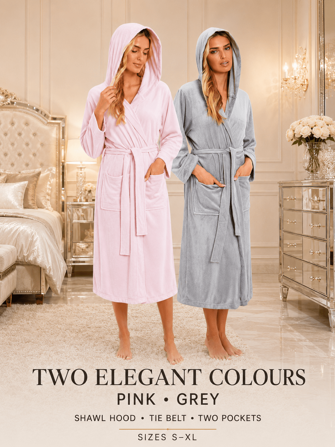 Women's long hooded velour bathrobe