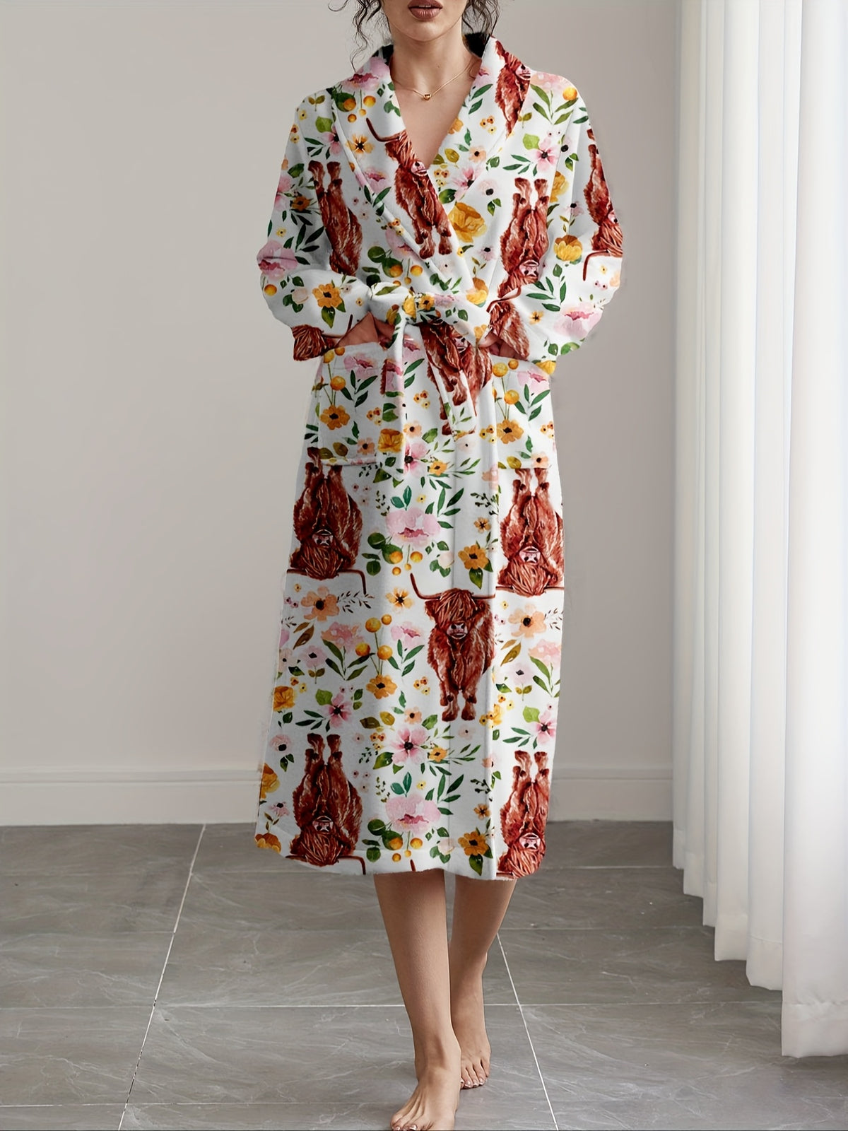 Women's Highland cow print flannel dressing gown