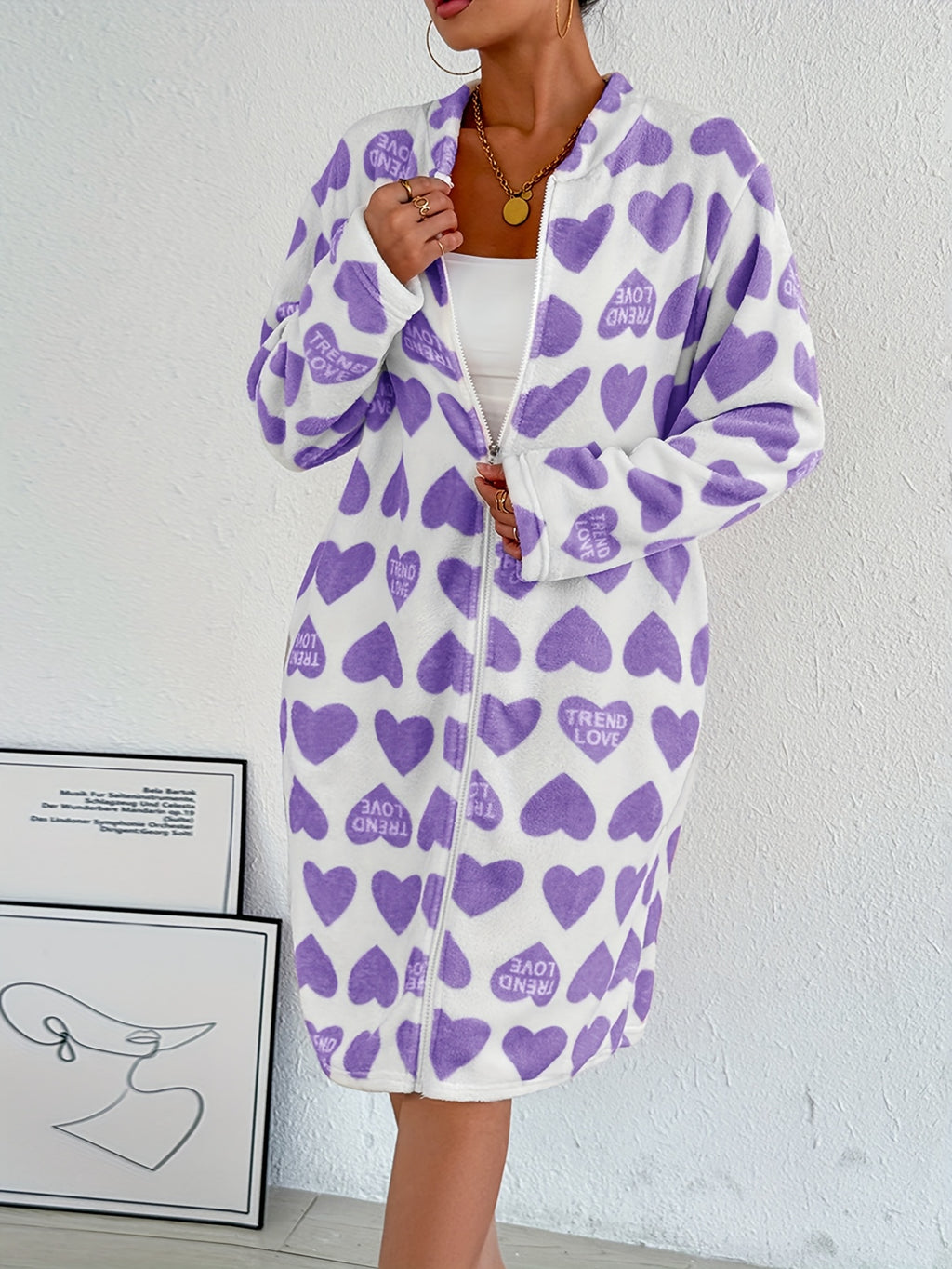 Women's red heart flannel zip-up dressing gown