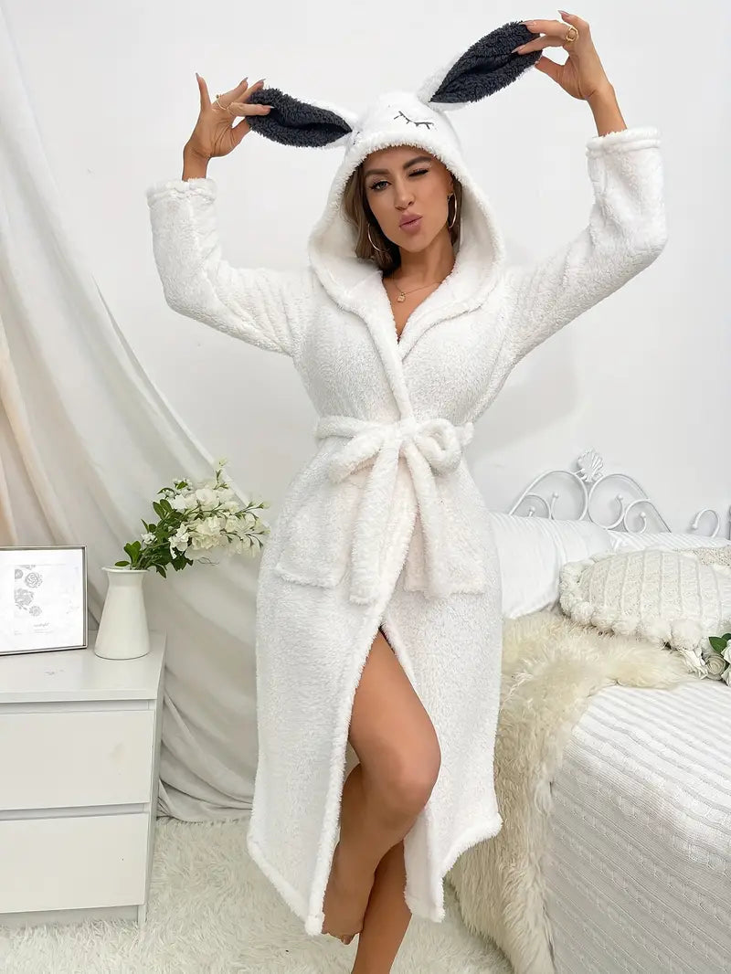 Women's rabbit ear hooded fleece bathrobe