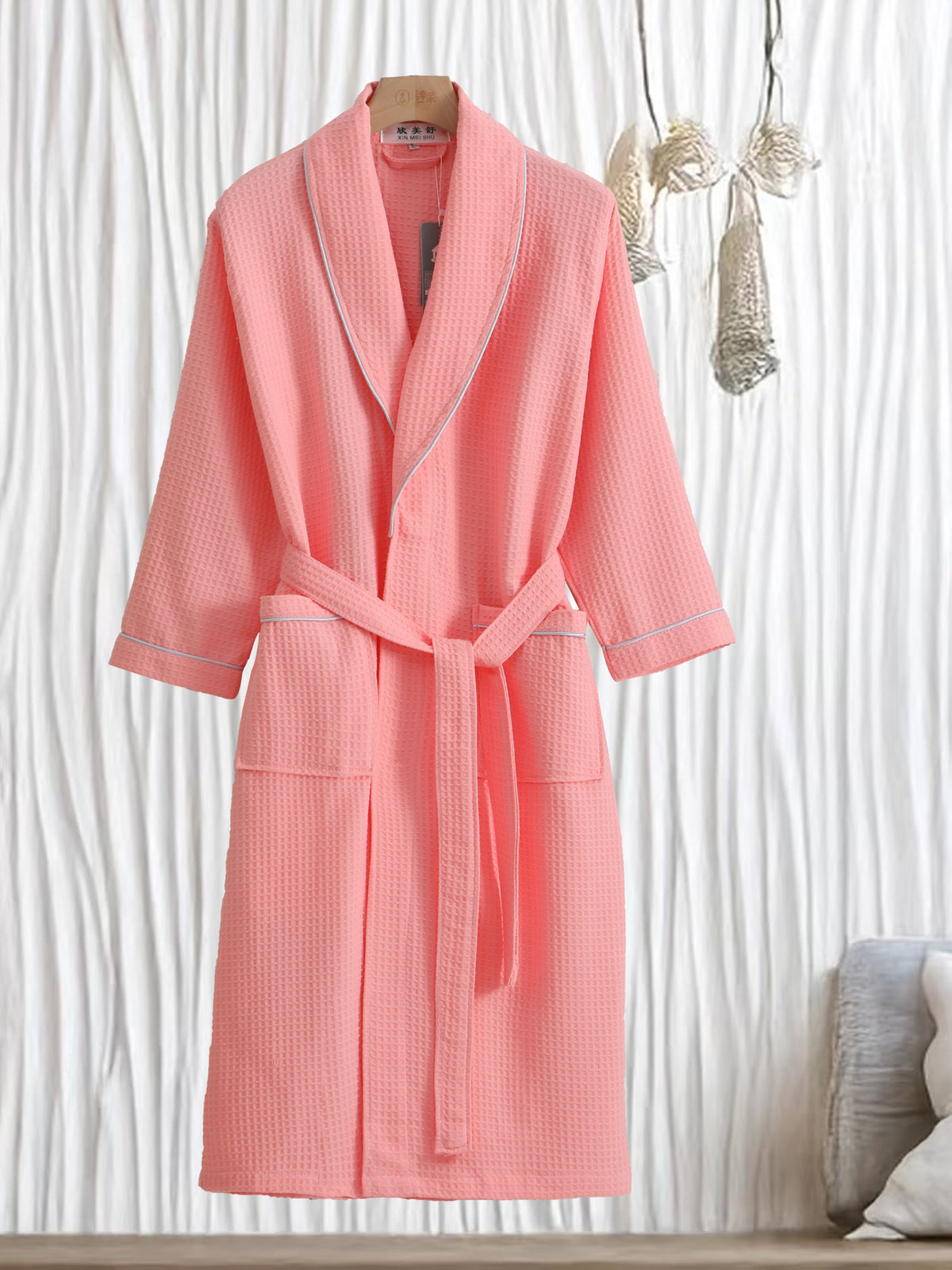 Unisex white tartan waffle bathrobe