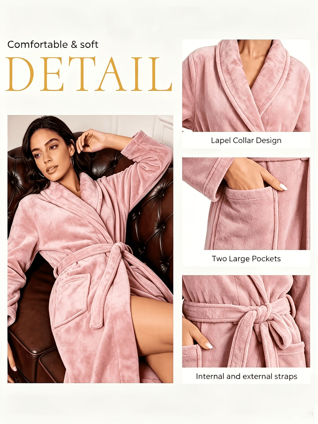 Women's pink flannel dressing gown with pockets