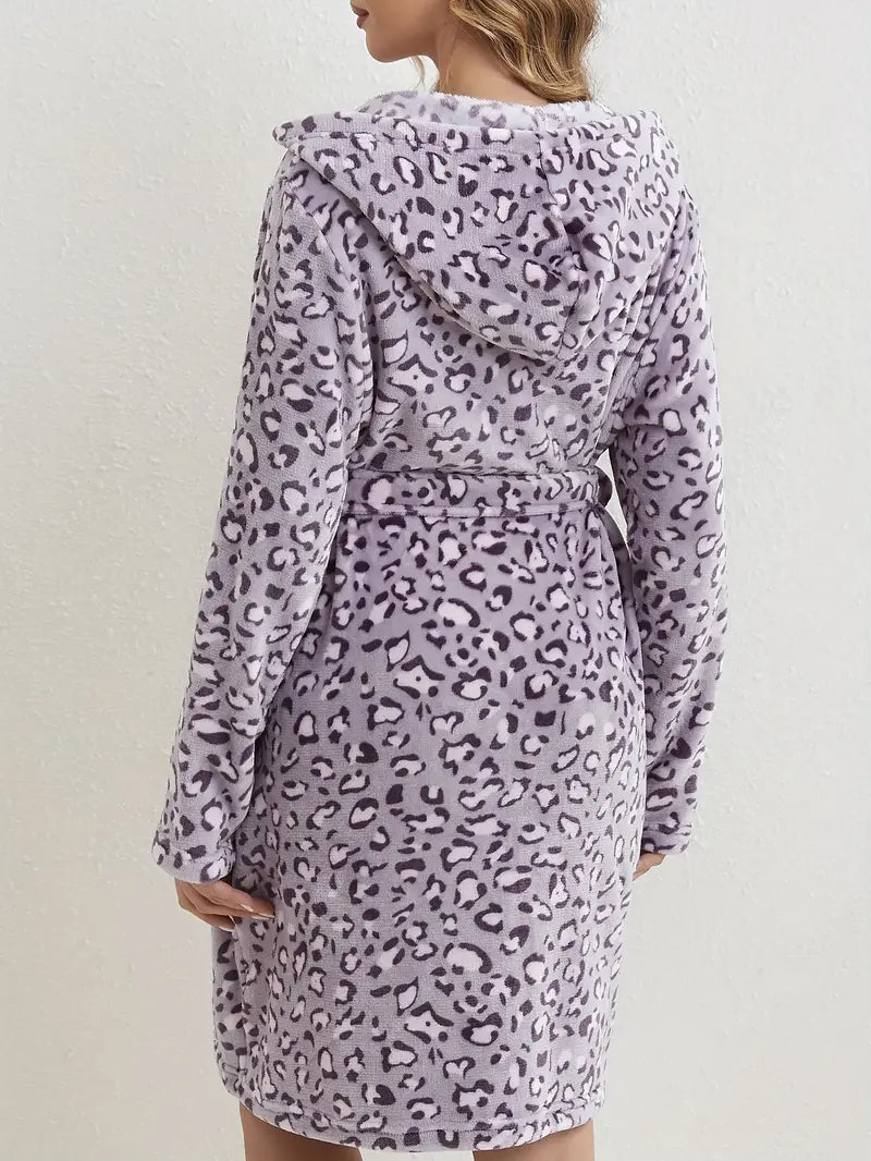 Women's short hooded towelling bathrobe