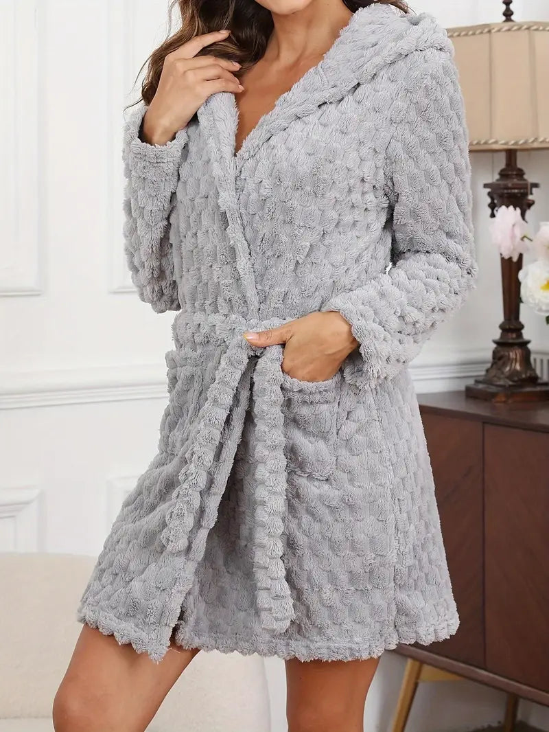 Women's short hooded fleece dressing gown