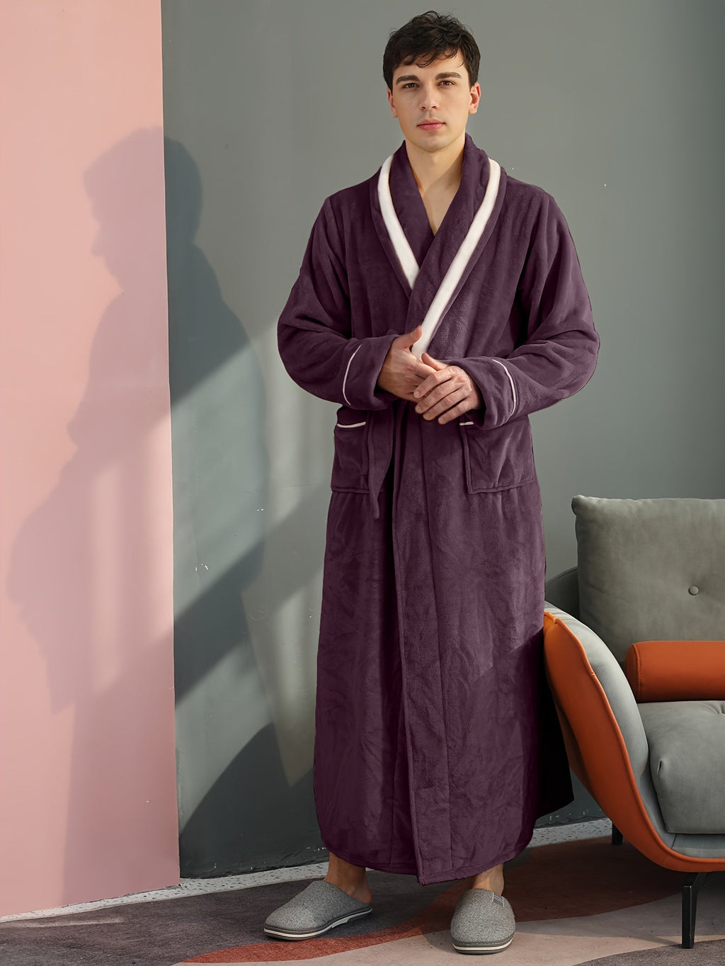 Men's long waffle velour dressing gown — Fuchsia