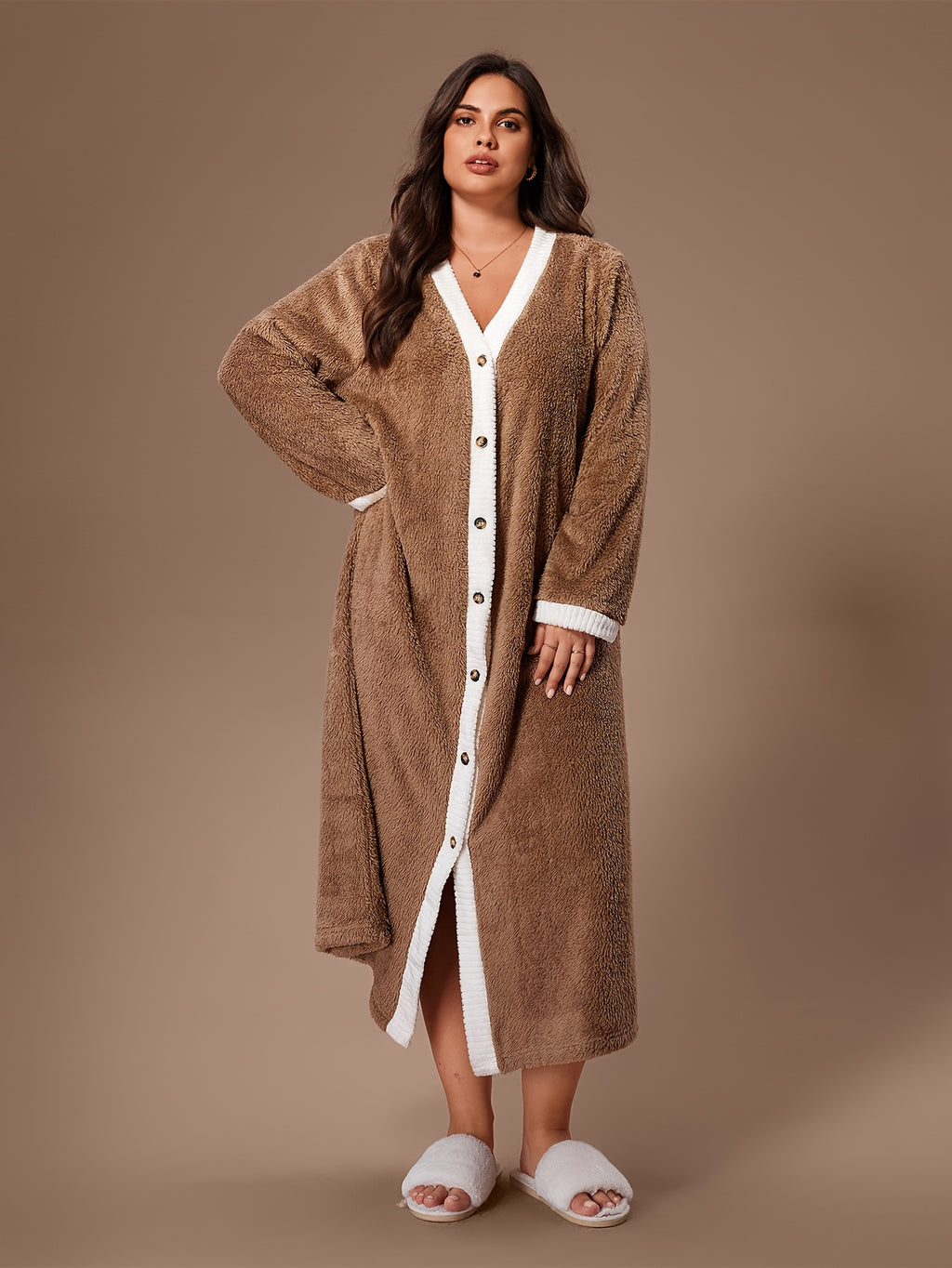 Women's plus size brown button-up fleece dressing gown