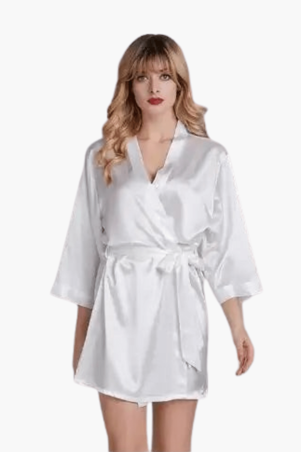 Women's lightweight short satin kimono robe — White