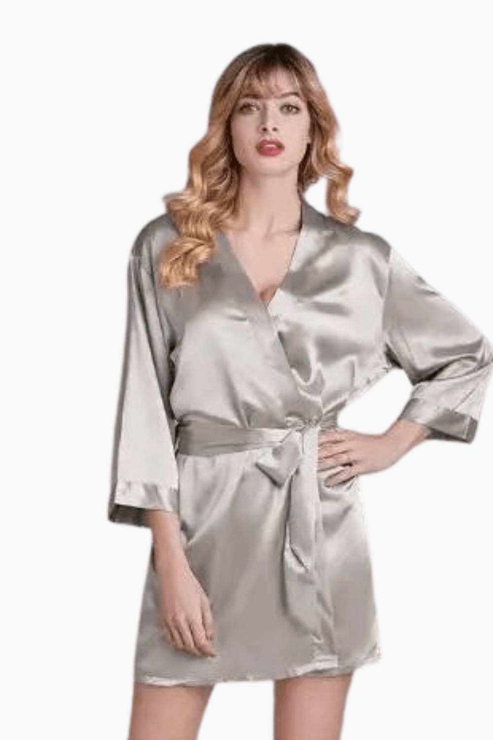 Women's lightweight short satin kimono robe — Grey