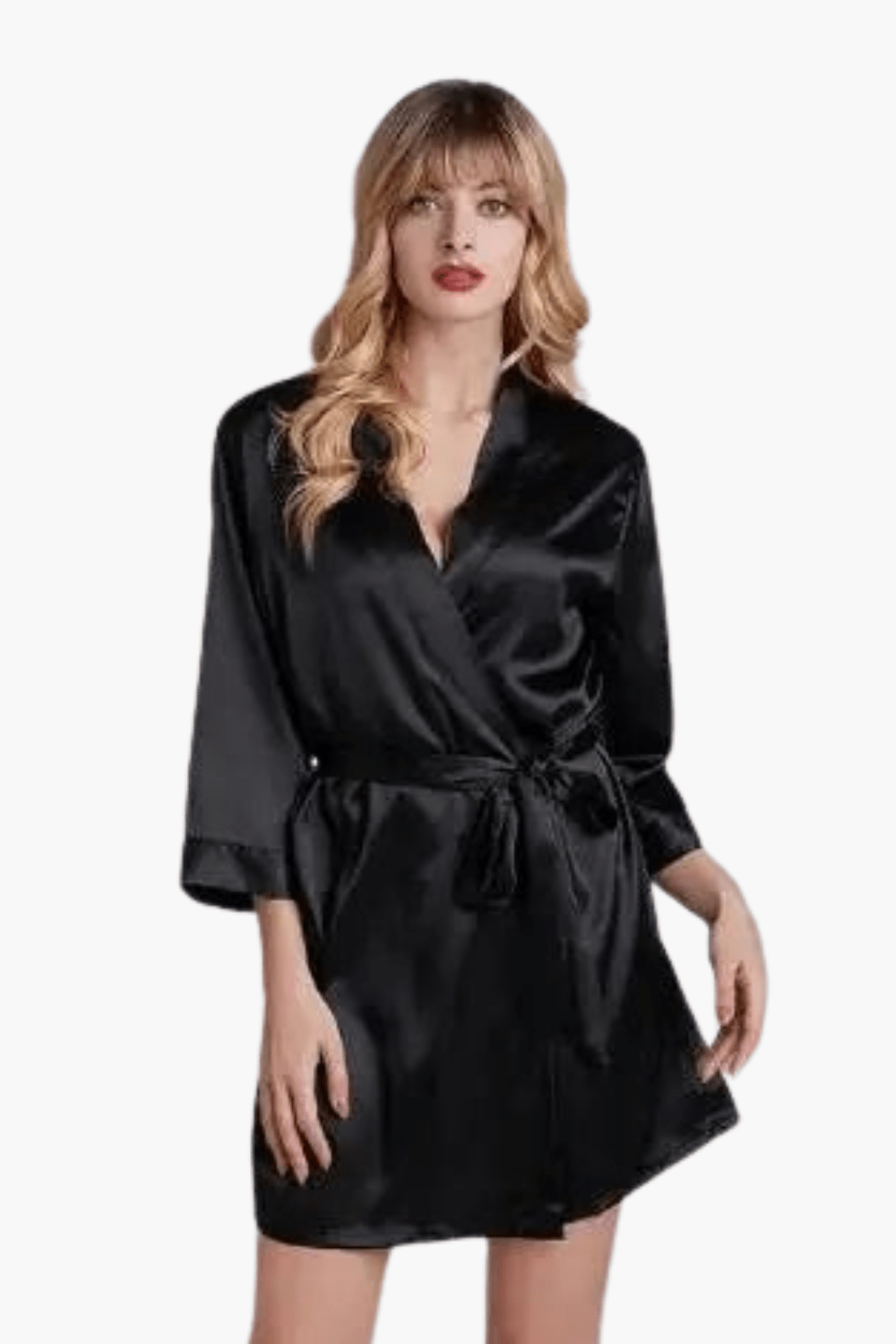 Women's lightweight short satin kimono robe — Black