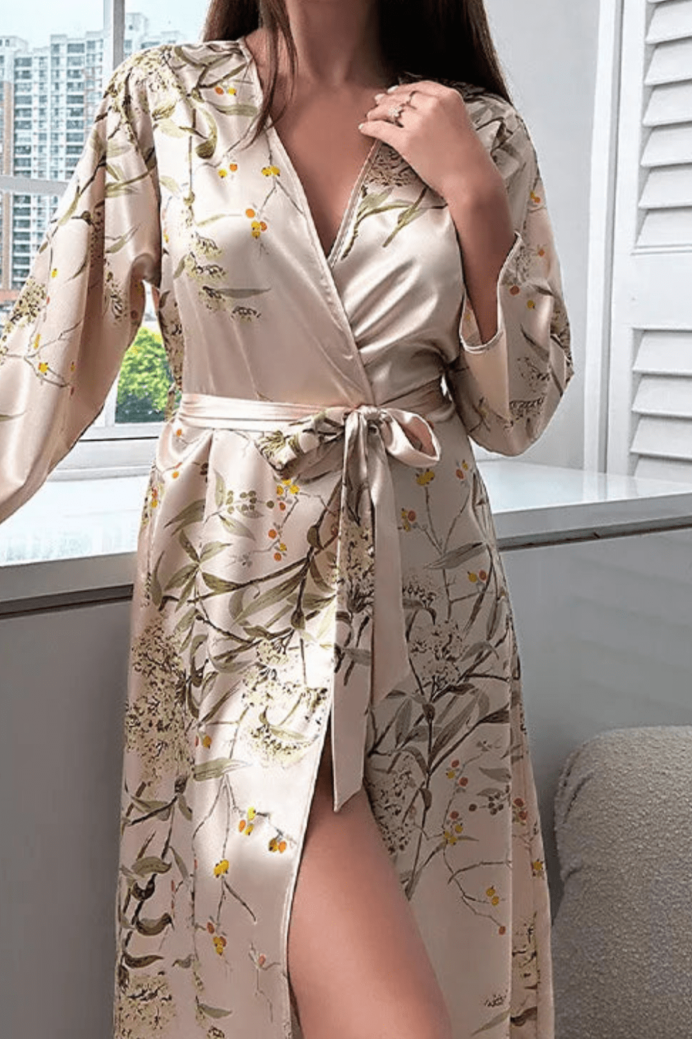Women's long floral satin kimono robe