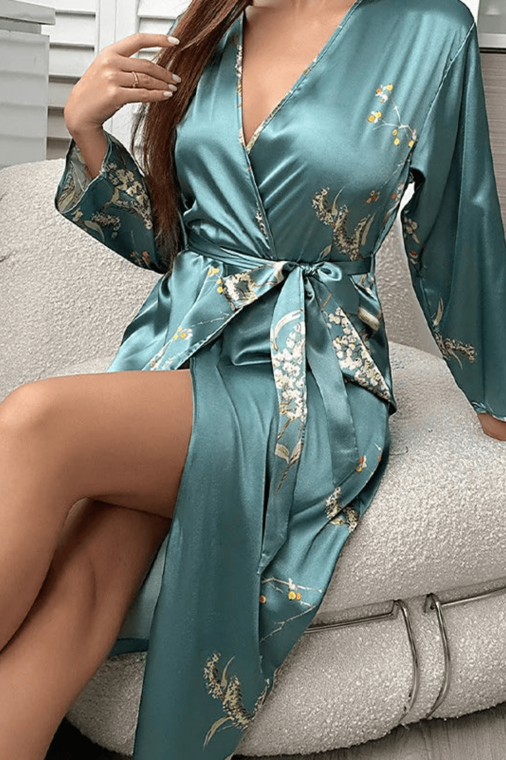 Women's long floral satin kimono robe — Turquoise