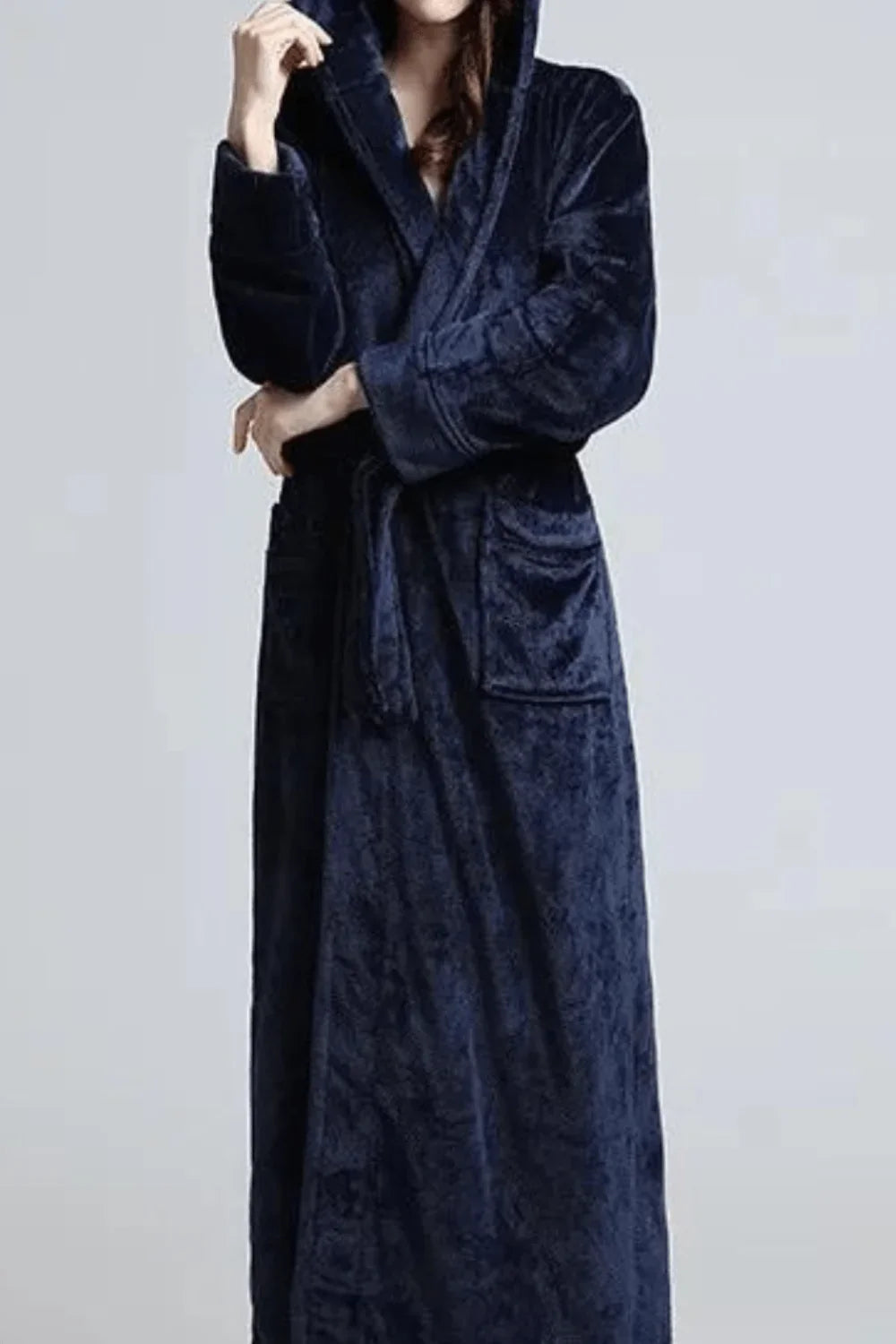 Women's warm long hooded fleece dressing gown, navy