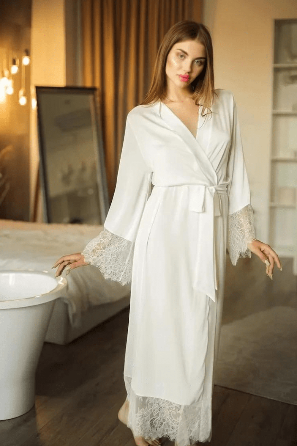 White satin bridal dressing gown with lace