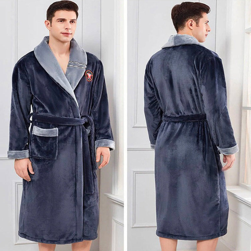 Men's fleece bathrobe, grey and blue