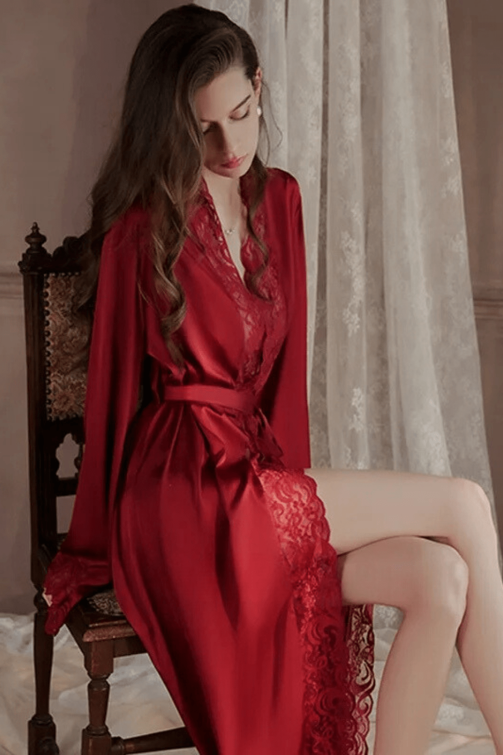 Women's long satin dressing gown — Red Image